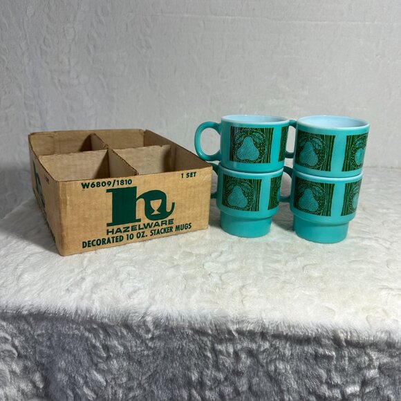 4 Vintage Teal Blue Stackable Coffee Mug Cups Turquoise Hazelware Fruit W6809 - Picture 11 of 12
